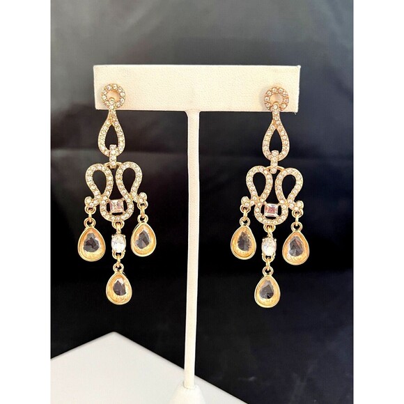 Designer Statement Earrings Gold Tone Crystal Chandelier Bridal Prom 8H - Picture 5 of 5